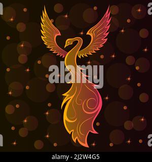 Illustration of beautiful phoenix in orange-pink hues on a dark brown background with stars and transparent circles Stock Vector
