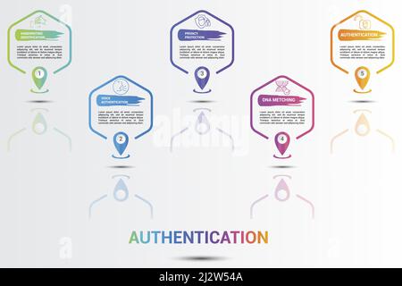 Infographic Authentication icons vector illustration. 5 colored steps info template with editable text. Stock Vector