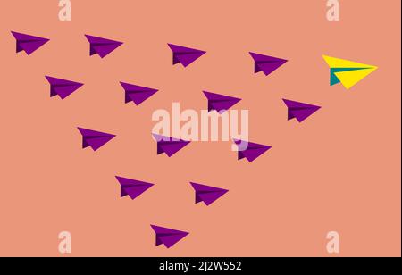Illustration of purple color planes following yellow leader. Concept about following leader with trust Stock Vector