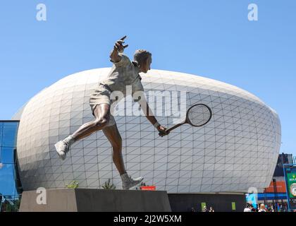 Sculpture of Rod Laver at Australian Open 2022 tennis tournament, Melbourne Park, Melbourne, Victoria, Australia Stock Photo