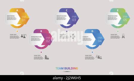 Infographic Team Building icons vector illustration. 5 colored steps info template with editable text. Stock Vector