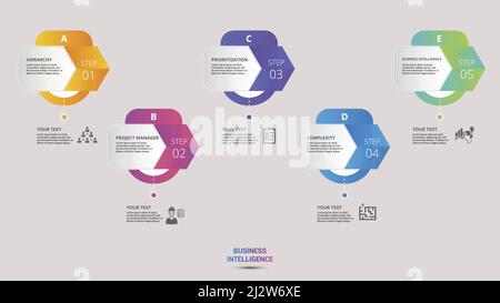 Infographic Business Intelligence icons vector illustration. 5 colored steps info template with editable text. Stock Vector
