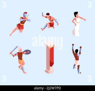 Gladiator isometric. Ancient rome heavy warrior centurions myth battle fighters with weapons garish vector historical characters Stock Vector