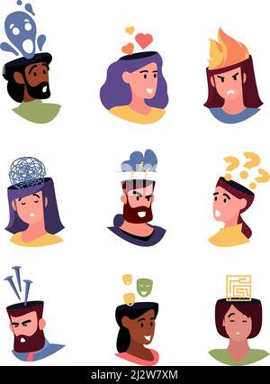 Negative thought. Mental destructive mind strength controlling inner head brain with boundaries garish vector flat illustrations Stock Vector