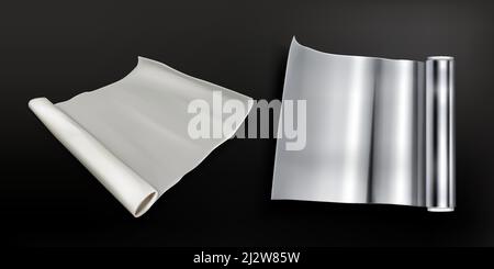 Rolls of aluminium foil and baking paper isolated on black background. Vector realistic set of tube with white greaseproof parchment and metal cooking Stock Vector