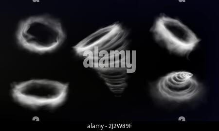 Smoke circle, wind storm vortex, smog cloud round frame, tornado swirl. Whirlwind spiral or heavy dust steam isolated on black background. Cigarette v Stock Vector