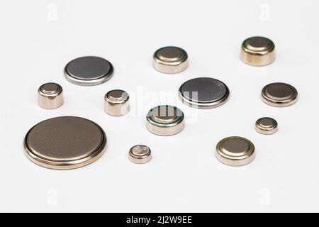 A watch battery or button cell is a small single cell battery shaped as a squat cylinder typically 5 to 25 mm (0.197 to 0.984 in) Stock Photo