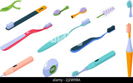 Teeth brush. Medical hygiene for teeth items for dental care cleaning mouth garish vector isometric illustration set Stock Vector