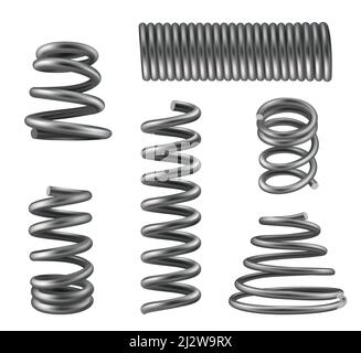 Metallic spring coils. Flexibly geometrical 3d steel shapes for heavy machine industry compressed chrome coils decent vector realistic illustrations Stock Vector