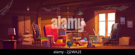 Abandoned attic room with old things, spider webs and dust. Neglected garret with window and furniture, carton boxes, computer, tv, table with books a Stock Vector