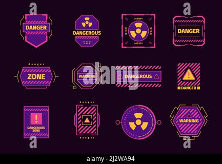 Danger hud. Ui attention elements virus attack radar danger biohazard warning red frames with place for text garish vector templates futuristic Stock Vector