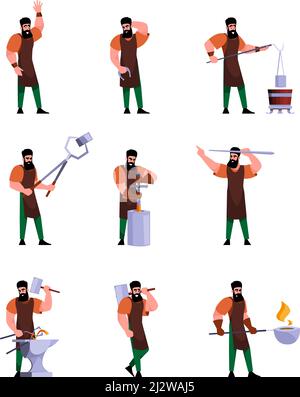 Blacksmith. Steel industry workers heavy strong workers making hardware tools steel helmets armor and swords garish vector blacksmith workshop Stock Vector