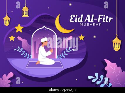 Happy Eid ul-Fitr Mubarak Background Illustration. Muslims Praying with Both Hands in Flat Style Stock Vector