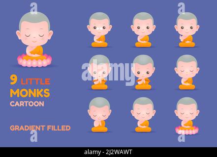 little monk cartoon illustration. gradient filled style vector set Stock Vector