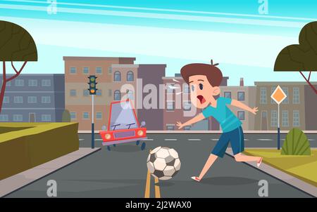 Little boy playing ball on road kid in dangerous Vector Image