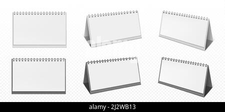 Desktop calendar with spiral and blank pages isolated on transparent background. Vector realistic mockup of white paper calender, office planner or no Stock Vector