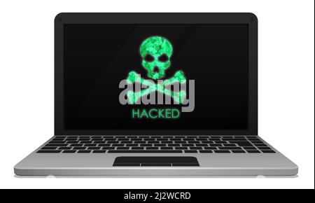 Silver laptop hacked by hacker with skull and crossbones on screen. Computer security, reliability of data storage in network. Installation of securit Stock Vector