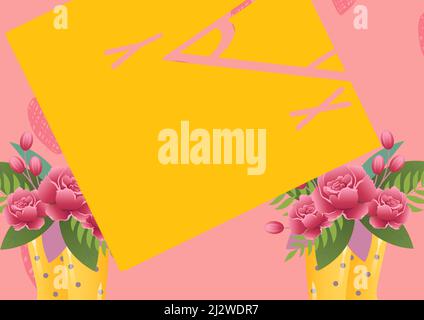 Composition of yellow card with copy space and flowers on pink background Stock Photo