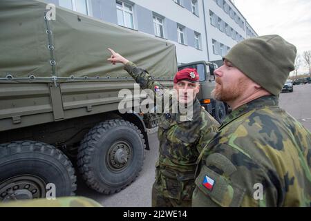 Chrudim, Czech Republic. 04th Apr, 2022. Czech soldiers are today, on Monday, April 4, 2022, leaving for Slovakia where they will command a multinational battlegroup that will be deployed there to boost the allied forces on the eastern flank of NATO in reaction to the situation in Ukraine. The battle group may have up to 2,100 members and soldiers from Germany, Poland, Slovenia, the Netherlands and the USA will be also part of it. Czechia will send several hundred soldiers to it. Credit: Josef Vostarek/CTK Photo/Alamy Live News Stock Photo