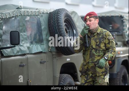 Chrudim, Czech Republic. 04th Apr, 2022. Czech soldiers are today, on Monday, April 4, 2022, leaving for Slovakia where they will command a multinational battlegroup that will be deployed there to boost the allied forces on the eastern flank of NATO in reaction to the situation in Ukraine. The battle group may have up to 2,100 members and soldiers from Germany, Poland, Slovenia, the Netherlands and the USA will be also part of it. Czechia will send several hundred soldiers to it. Credit: Josef Vostarek/CTK Photo/Alamy Live News Stock Photo