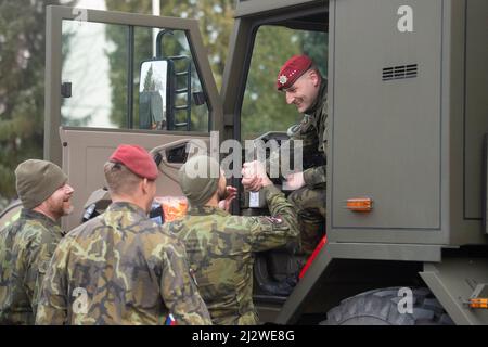 Chrudim, Czech Republic. 04th Apr, 2022. Czech soldiers are today, on Monday, April 4, 2022, leaving for Slovakia where they will command a multinational battlegroup that will be deployed there to boost the allied forces on the eastern flank of NATO in reaction to the situation in Ukraine. The battle group may have up to 2,100 members and soldiers from Germany, Poland, Slovenia, the Netherlands and the USA will be also part of it. Czechia will send several hundred soldiers to it. Credit: Josef Vostarek/CTK Photo/Alamy Live News Stock Photo