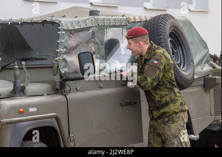 Chrudim, Czech Republic. 04th Apr, 2022. Czech soldiers are today, on Monday, April 4, 2022, leaving for Slovakia where they will command a multinational battlegroup that will be deployed there to boost the allied forces on the eastern flank of NATO in reaction to the situation in Ukraine. The battle group may have up to 2,100 members and soldiers from Germany, Poland, Slovenia, the Netherlands and the USA will be also part of it. Czechia will send several hundred soldiers to it. Credit: Josef Vostarek/CTK Photo/Alamy Live News Stock Photo