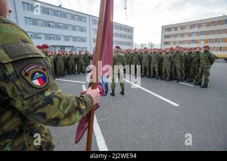 Chrudim, Czech Republic. 04th Apr, 2022. Czech soldiers are today, on Monday, April 4, 2022, leaving for Slovakia where they will command a multinational battlegroup that will be deployed there to boost the allied forces on the eastern flank of NATO in reaction to the situation in Ukraine. The battle group may have up to 2,100 members and soldiers from Germany, Poland, Slovenia, the Netherlands and the USA will be also part of it. Czechia will send several hundred soldiers to it. Credit: Josef Vostarek/CTK Photo/Alamy Live News Stock Photo