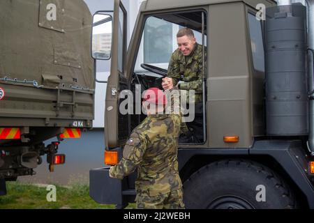 Chrudim, Czech Republic. 04th Apr, 2022. Czech soldiers are today, on Monday, April 4, 2022, leaving for Slovakia where they will command a multinational battlegroup that will be deployed there to boost the allied forces on the eastern flank of NATO in reaction to the situation in Ukraine. The battle group may have up to 2,100 members and soldiers from Germany, Poland, Slovenia, the Netherlands and the USA will be also part of it. Czechia will send several hundred soldiers to it. Credit: Josef Vostarek/CTK Photo/Alamy Live News Stock Photo