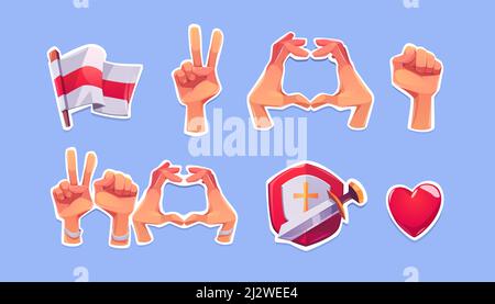 Belarus opposition symbols on stickers. Vector cartoon icons of white-red-white flag, heart, fist and victory hand gestures, shield with sword and red Stock Vector