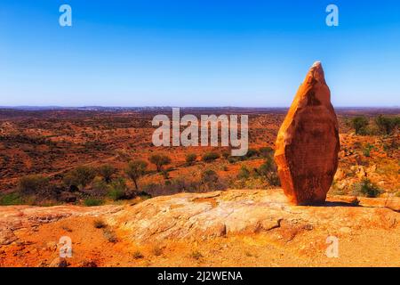 Skyline of distant Broken Hill city in Australian outback arid semidesert from elevation of public sculpture garden. Stock Photo