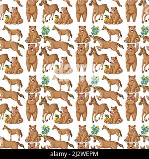 Funny bear and horse on white background seamless illustration Stock Vector