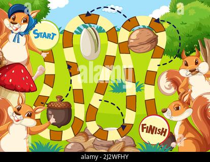 Game template design with squirrels in garden illustration Stock Vector
