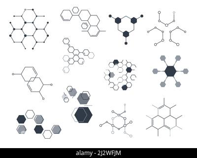 Hexagonal structures. Chemical molecular symbols. Science technology signs. Complex constructions. Abstract geometric shapes connection. Molecule Stock Vector