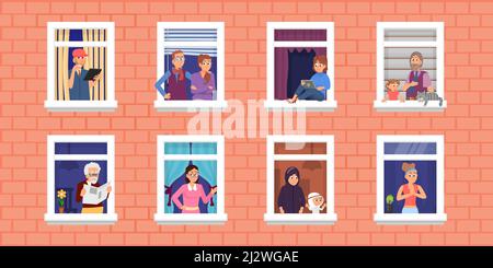 People in windows. Home community and neighbors, friends living in apartment. Person look outside, woman read on windowsill. Neighborhood decent Stock Vector