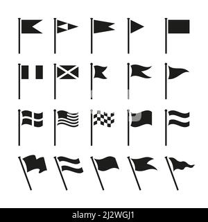 Black flag icons. Flags ui signs, simple pennant silhouettes. Isolated wave flagpole, vintage map marks. Location or navigation tidy vector elements Stock Vector
