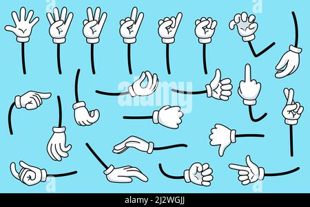 Cartoon counting hand. Count comic hands in white gloves and countdown fingers. Funny garish arm shows numbers and different gestures vector set Stock Vector
