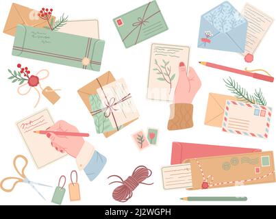 Different mail envelopes. Packing letters in envelope and waxing stamp. Hand writen postcards, isolated vintage cards and invitation, neat vector set Stock Vector