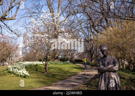 spring in the Rhine Park in the district Deutz, local recreation area, statue 'Domestic Worries' (Nel) by Rik Wouters, Cologne, Germany. Fruehling im Stock Photo