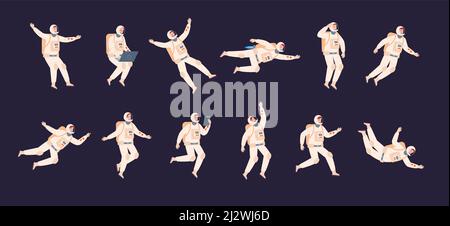 Floating astronaut. Spaceman people in space suit for galaxy travel, moving man and woman work navy cosmonaut, jetpack jump outer gravity action planet splendid vector illustration Stock Vector