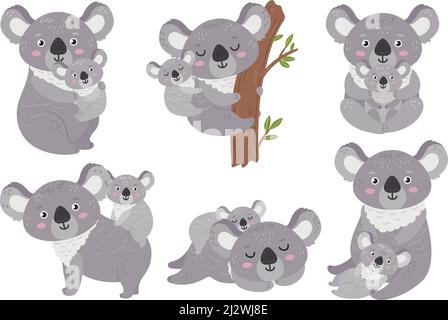 Koala and baby. Animal mother hugs babies clipart. Cartoon koalas mom and cutie wild children. Australia symbols, jungle bear neoteric vector Stock Vector