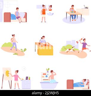 Kids everyday activities. Daily child actions collection, day time children schedule, study school exercise sleep night bathroom hygiene active playing, vector illustration. Character kid daily Stock Vector