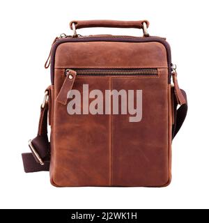 Brown leather wallet back view isolated on white background Stock Photo