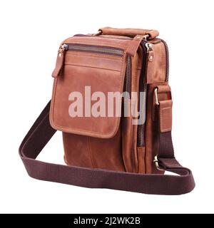 Brown leather document bag with shoulder strap isolated on white background Stock Photo