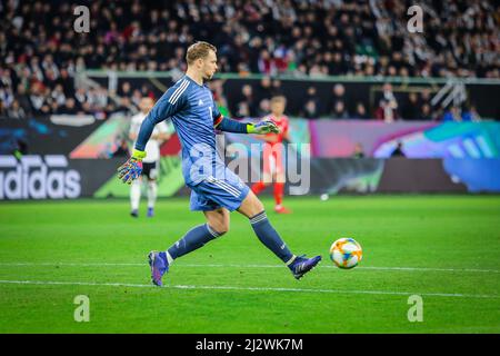 Wolfsburg, Germany, March 20, 2019: German goalkeeper Manuel Neuer kicks the ball during the international friendly game between Germany and Serbia Stock Photo