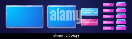 Live stream background, online multimedia player windows and buttons. User interface of pink and blue colors. Social media channel, video blogging broadcasting streaming, Cartoon vector illustration Stock Vector