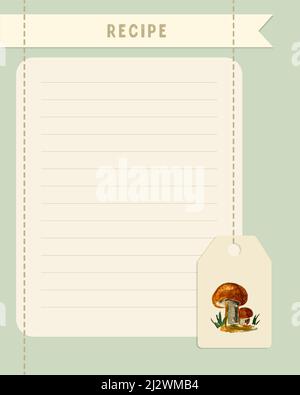 Recipe collage vintage card lined blank template with watercolor mushroom. Vector illustration Stock Vector