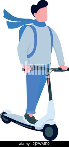 Young man riding kick scooter semi flat color vector character Stock Vector