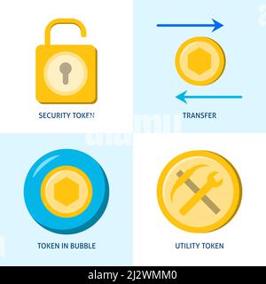 NFT token icon set in flat style. Utility and security tokens, transaction symbols. Vector illustration. Stock Vector