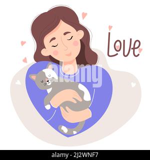 Cute girl love with sleeping cat. Vector illustration. Concept of love for pets. Beautiful female character in flat style for postcards, design and de Stock Vector
