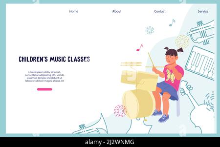 Kids music class website banner, flat vector illustration. Web banner interface mockup with child playing on drums, music lessons and art education. Stock Vector